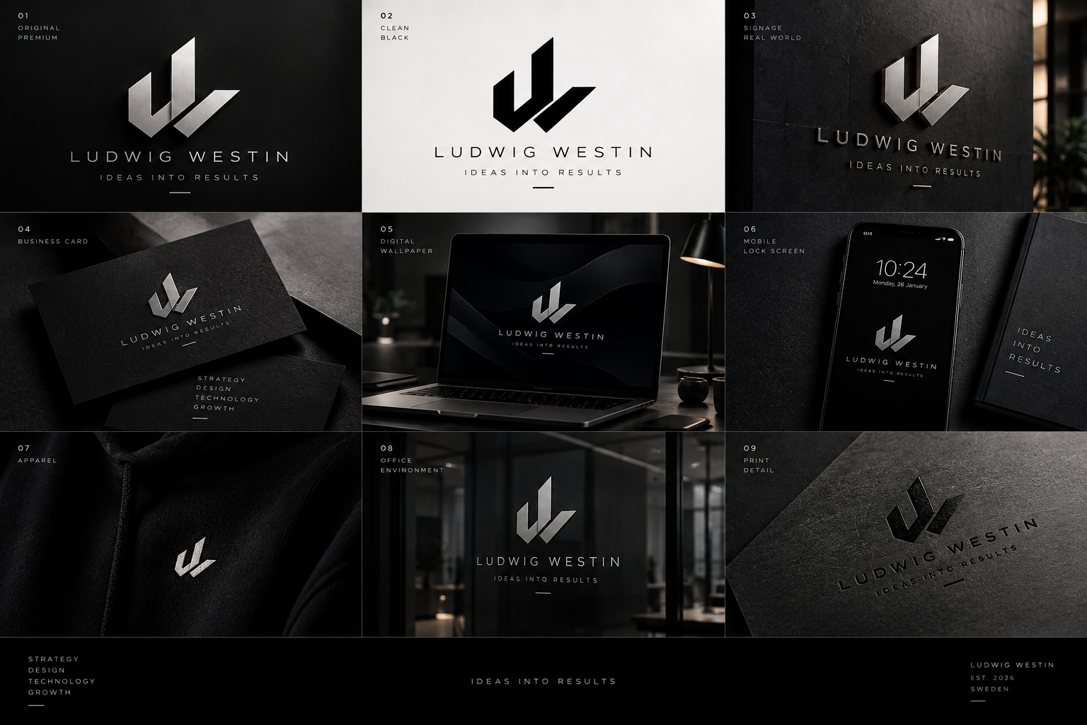 Presentationstavla med nio paneler där monogrammet för Ludwig Westin visas som ren svart grafik, väggskylt, visitkort, skrivbordsbakgrund, låsskärm, plagg, kontorsglas och präglat papper